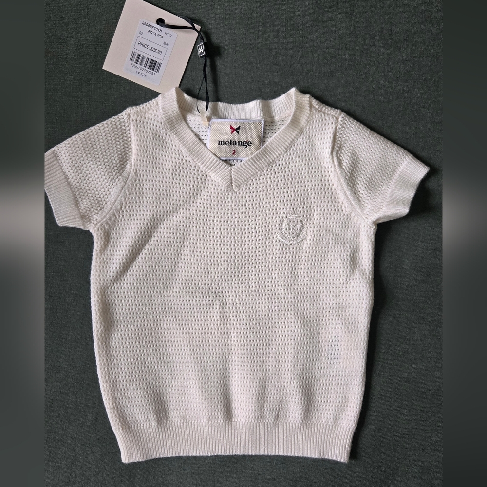 Melange Cream Knit V-Neck Short-Sleeve Sweater